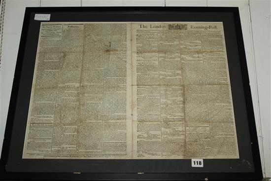 Early framed 1774 Evening Post newspaper